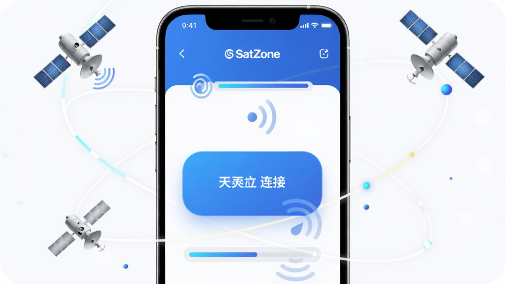 一张展示SatZone一键卫星连接功能的AI生图,画面中央是手机屏幕显示大大的连接按钮和信号搜索动画,周围环绕着卫星轨道线条,主体是手机与连接界面,布局居中,风格简洁科技,细节包含进度条和信号波纹,画质高清,干净无多余元素