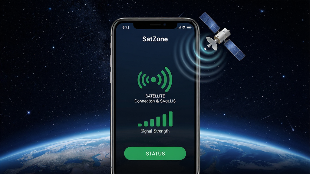 一张展示SatZone卫星通信平台核心界面的图片,画面中央是手机屏幕显示卫星连接状态和信号强度,背景是浩瀚星空与地球轮廓,主体突出手机与卫星之间的信号波纹,布局简洁大气,风格科技感十足,细节包含信号图标、连接按钮和状态文字,画质高清,干净无多余元素