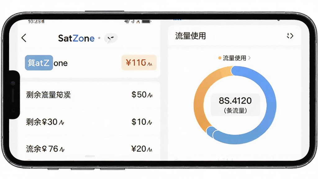 一张展示SatZone流量套餐管理功能的AI生图,画面是手机屏幕显示套餐列表和流量使用环形图,主体是套餐管理界面,布局规整,风格清新商务,细节包含价格标签和剩余流量数字,画质高清,干净无多余元素