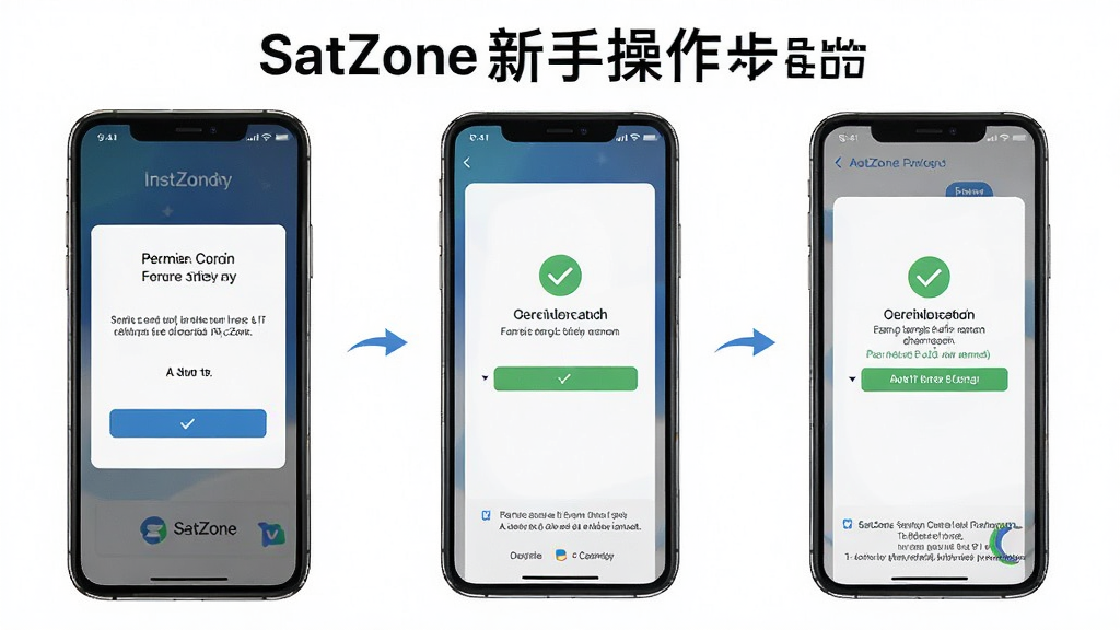 一张展示SatZone新手操作步骤的AI生图,画面是手机屏幕显示安装向导和权限授权界面,主体是操作步骤分解图,布局分步展示,风格教程清晰,细节包含勾选按钮和提示文字,画质高清,干净无多余元素