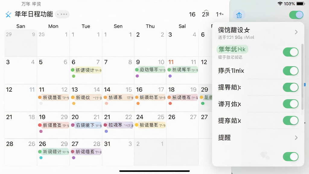 一张极佳万年历日程管理功能的界面截图,画面显示月历视图,部分日期下方有彩色圆点标记事件,右侧弹出提醒设置面板。布局采用左右分栏设计,风格为清新浅色系手机UI,细节包括日历网格、事件标签和开关按钮,画质清晰干净,无多余元素。