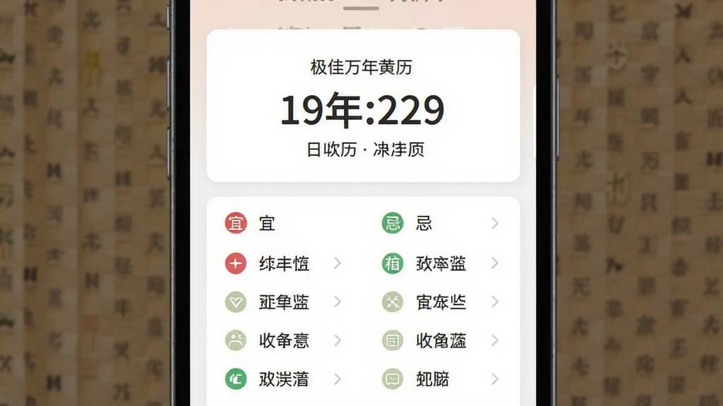 一幅展示极佳万年历黄历宜忌功能的界面图,画面中央为当日日期和农历,下方以列表形式展示“宜”和“忌”的具体事项,配以红色和绿色的小图标区分。整体布局简洁,采用白色卡片式设计,风格为扁平化手机应用界面,细节包括文字清晰、色彩柔和,画质干净无多余元素。