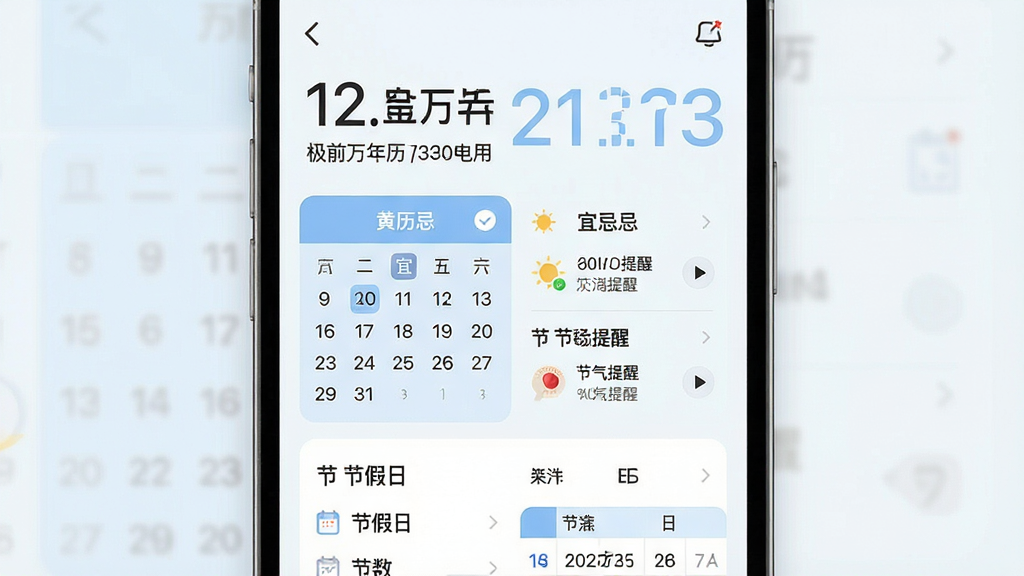 一张展示极佳万年历手机应用界面的预览图,画面上半部分显示当前日期和农历信息,中间部分展示黄历宜忌和节气提醒,下半部分列出节假日和日程安排。整体布局清晰,采用清爽的浅色背景和柔和的蓝色主色调。风格为现代简约手机UI设计,细节包括日历网格、小图标和文字标注,画质清晰干净,无多余元素。