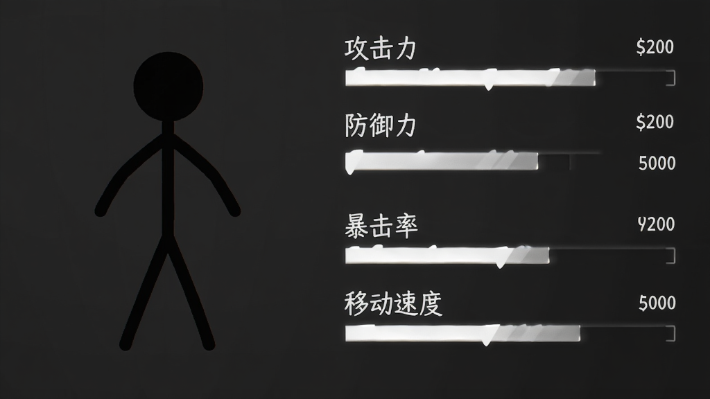 游戏角色属性面板界面,左侧是黑色火柴人全身像,右侧排列攻击力、防御力、暴击率、移动速度等数值条,界面采用深色底白色文字,极简UI风格,干净无多余装饰,高清画质