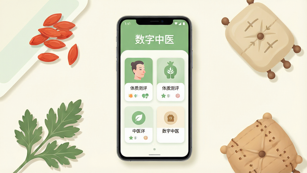 一张展示数字中医手机应用主界面的场景图,画面中央是一部竖屏安卓手机,手机屏幕内显示