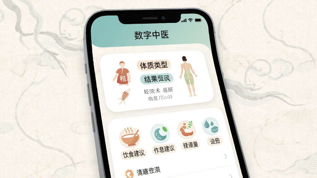 一张数字中医体质测评结果页面的手机截图风格插画,画面主体为手机屏幕,屏幕中显示