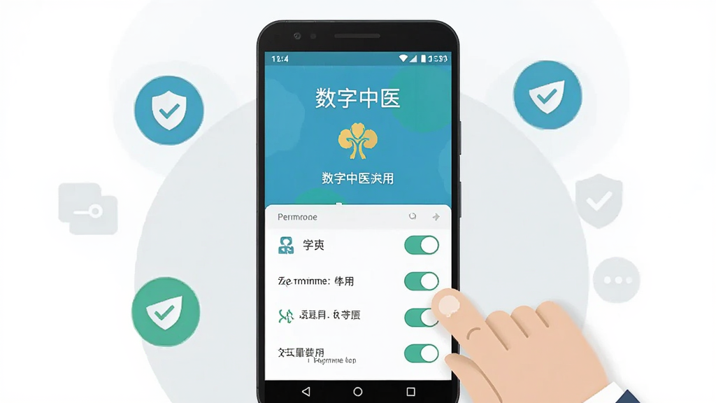 一张数字中医应用在安卓手机上安装和权限设置引导的插画,画面主体为手机屏幕显示