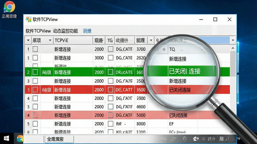 软件TCPView动态监控功能展示,主体为程序窗口特写,布局以表格为中心,表格中新增连接行以绿色高亮,已关闭连接行以红色高亮,旁边有放大镜图标聚焦在变化行上,背景为简洁的Windows桌面,风格为写实科技风,细节包含清晰的文字说明“新增连接”与“已关闭连接”标签,画质清晰,干净,无多余元素