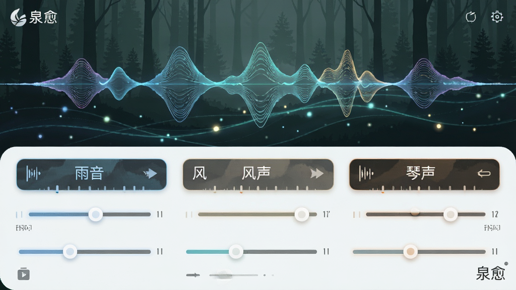 画面主体为“泉愈”应用内的音景混合器界面,布局采用上下分层结构,上半部分为可视化声波波纹,下半部分为多个音轨滑块,排版清晰展示雨声、风声、琴声的调节面板,风格为科技感与自然元素融合,细节包括背景中若隐若现的森林轮廓与流动的光点,画质细腻干净,无多余元素,屏幕角落标注“泉愈”标志。