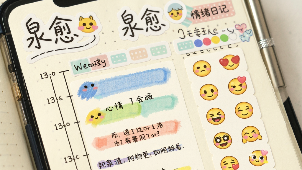 画面主体为“泉愈”情绪日记界面,布局采用时间轴与表情符号网格,排版展示一周心情色块与文字备注,风格为手账本与数字贴纸结合,细节包括可爱的表情图标、彩色标签与“泉愈”手写体Logo,画质明亮干净,无多余元素,背景为浅米色纸张纹理。