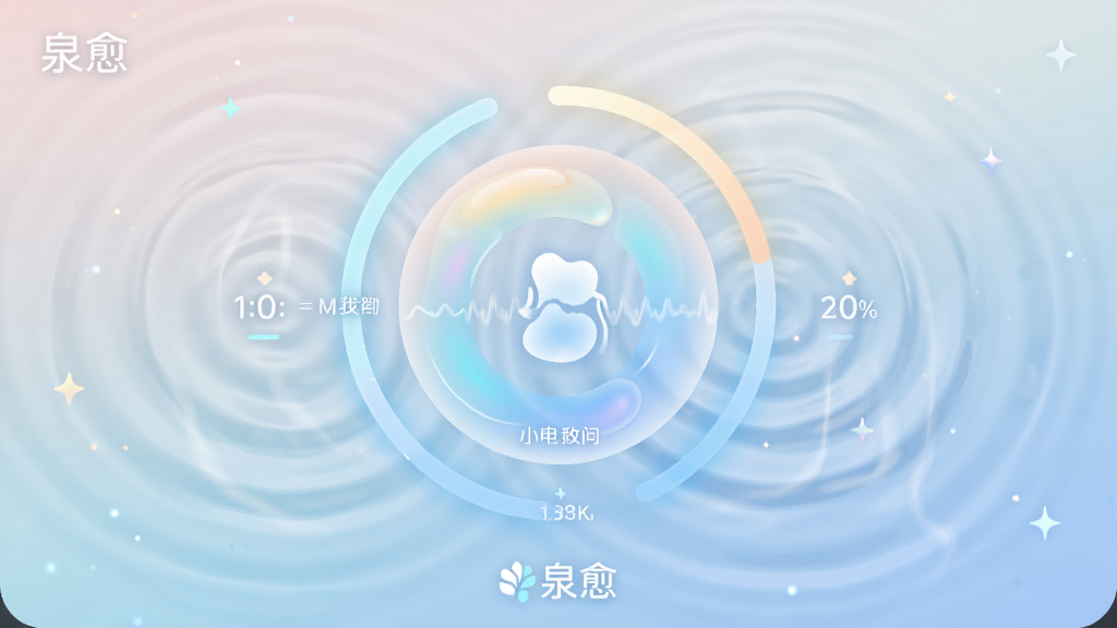 画面主体为“泉愈”呼吸引导界面,布局以圆形呼吸动画为中心,周围环绕进度光环与时长提示,排版简洁直观,风格为柔和渐变与流体动效,细节包括半透明的水波纹扩散效果与渺小的星星粒子,画质清晰干净,无多余元素,界面底部显示“泉愈”品牌标识。