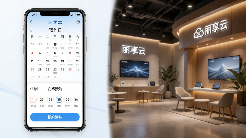 主体为丽享云APP预约界面与线下体验馆场景融合图,布局为左侧手机屏幕显示预约日历和时间选择器,右侧展示现代化健康体验馆内部环境,排版左右对称,风格为商务科技感写实插画,细节包括预约确认按钮、体验馆标识和温馨灯光氛围,画质高清干净,画面中文字标注