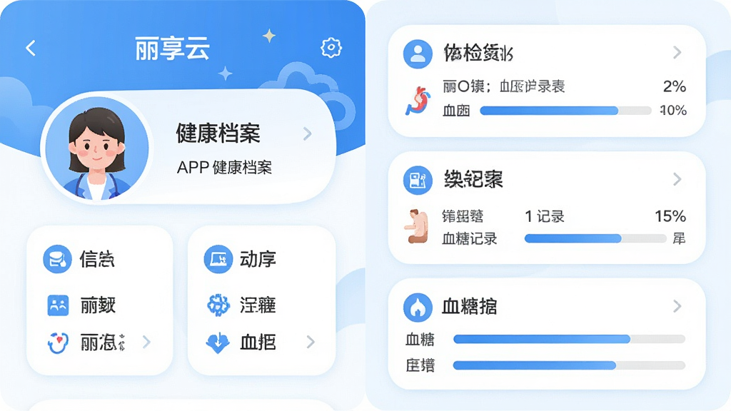 主体为丽享云APP健康档案页面截图风格插画,布局为左侧展示个人头像与基本信息卡片,右侧排列体检报告、血压记录、血糖记录等数据模块,排版整齐有序,风格为清新医疗蓝白配色,细节包括圆角卡片、图标点缀和进度条展示,画质高清干净,画面中文字标注