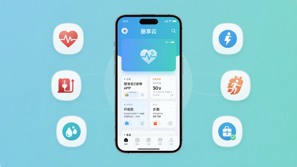 主体为一部智能手机,屏幕显示丽享云APP首页界面,布局为手机居中放置,周围环绕健康数据图标如心率、血压、步数等元素,排版简洁清晰,风格为现代科技感扁平化设计,细节包括柔和的蓝绿色渐变背景和圆角卡片式UI,画质高清干净,无多余元素