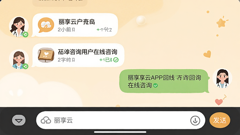 主体为丽享云APP在线咨询聊天界面插画,布局为左侧用户发送图文消息气泡,右侧顾问回复气泡,底部为输入框和发送按钮,排版模拟真实聊天场景,风格为温暖亲切的社交医疗风格,细节包括头像圆圈、时间戳和已读标识,画质高清干净,画面中文字标注