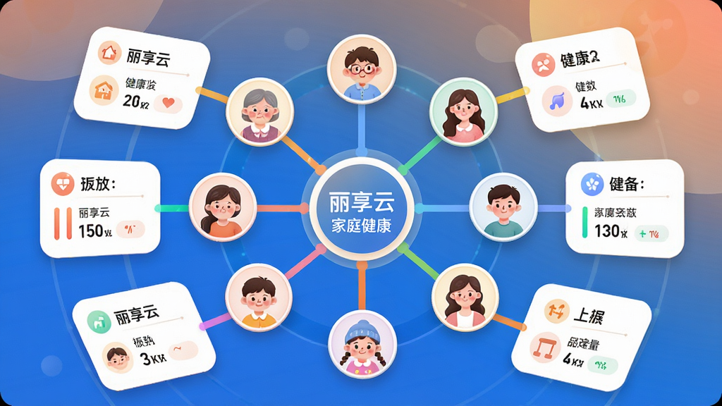 主体为丽享云APP家庭健康管理界面插画,布局为中心家庭树结构图,每个家庭成员头像连接至中心节点,周围环绕健康数据小卡片,排版呈放射状布局,风格为温馨家庭科技感设计,细节包括不同年龄段的头像图标、彩色连接线和数据标签,画质高清干净,画面中文字标注