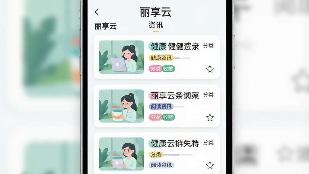 主体为丽享云APP资讯列表页面插画,布局为纵向排列的多条健康文章卡片,每张卡片包含缩略图、标题和分类标签,排版清晰规整,风格为清新阅读类APP界面设计,细节包括分类标签彩色点缀、阅读进度条和收藏图标,画质高清干净,画面中文字标注