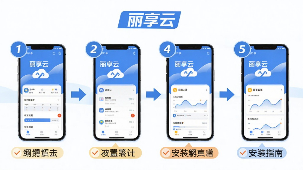 主体为丽享云APP安装与设置流程示意图,布局为四个步骤横向排列,每个步骤包含手机界面图标和文字说明,排版为从左到右的流程图样式,风格为简洁明快的教程插画,细节包括步骤序号圆圈、箭头连接线和重点提示图标,画质高清干净,画面中文字标注