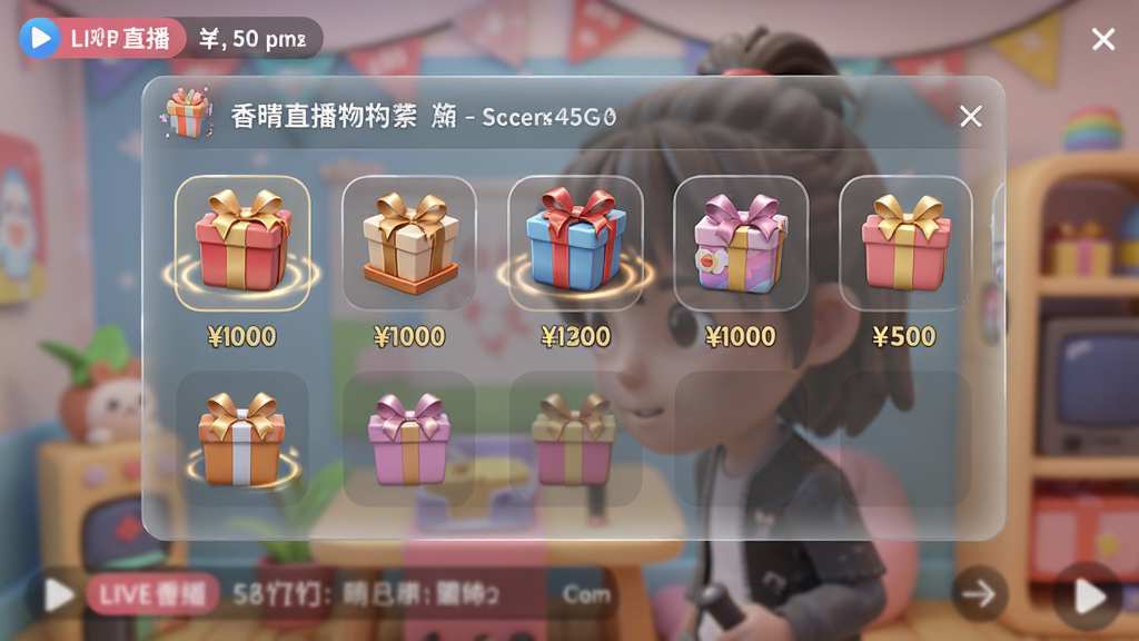 香晴直播礼物面板与粉丝等级展示,画面中一个半透明的礼物选择面板悬浮在直播间上方,面板内有各种礼物图标和对应价格,背景是直播间画面,风格为精致卡通与写实结合,细节上礼物图标有金属光泽和微动效,画质高清,干净,无多余元素