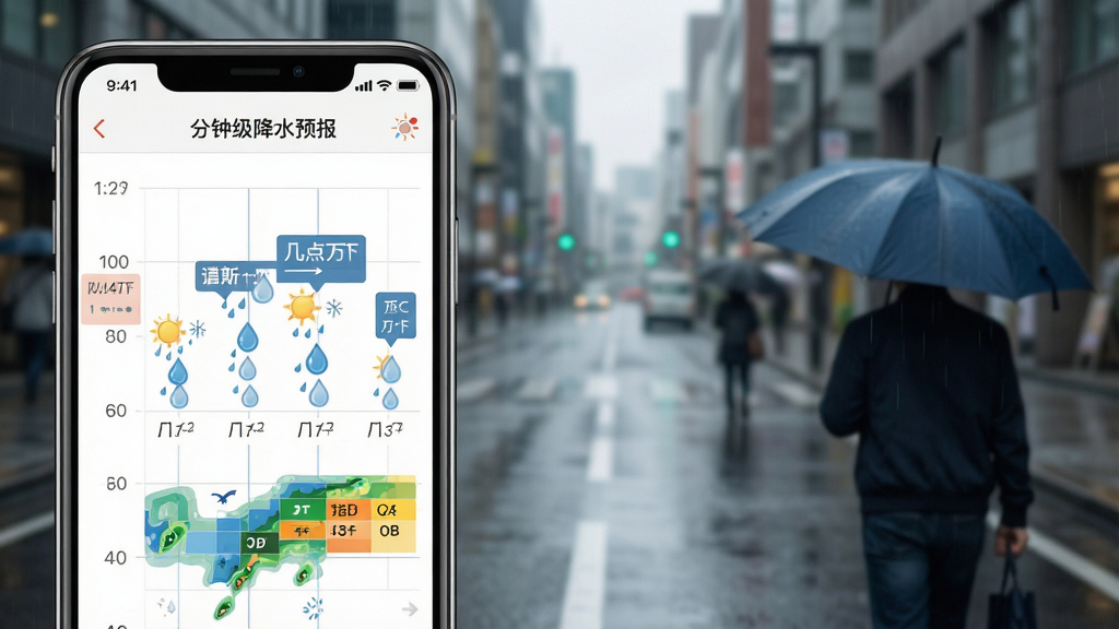 一张展示精准预报天气分钟级降水预报功能的图片,画面中手机界面显示时间轴与雨滴图标,标注几点几分下雨,背景为城市街道与雨伞,布局清晰,风格写实,细节包括降水强度色块,画质高清,干净无多余元素