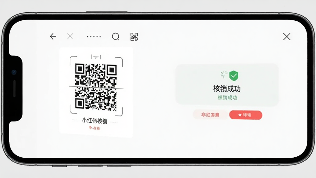 一张小红书门店助手核销操作界面的手机样机图,画面中手机屏幕显示扫码核销区域和核销成功提示,背景为浅灰色,风格简洁,细节清晰,画质干净,无多余元素