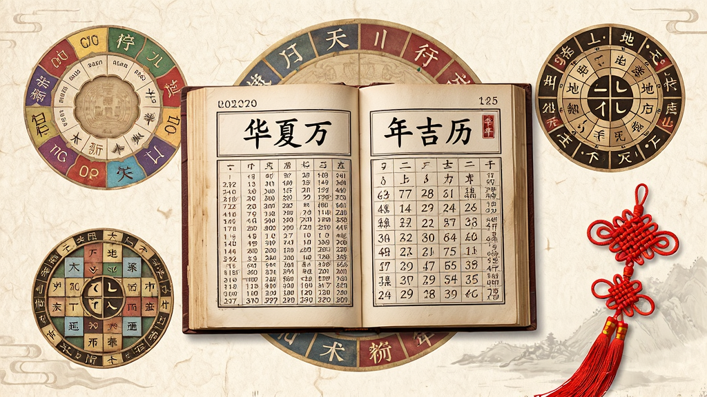 画面中央是一本摊开的古典万年历书籍,书页上清晰印有