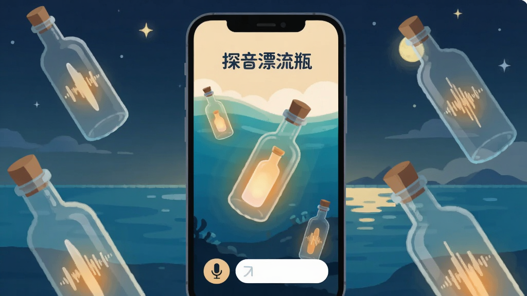 画面中央是一部竖屏智能手机,手机屏幕上显示着“探音漂流瓶”应用的主界面,界面中有海洋背景和漂浮的玻璃瓶,瓶子发出柔和的暖光,屏幕下方有麦克风和文字输入按钮。手机周围散落着几个半透明的漂流瓶,瓶中隐约可见声波纹理。背景是深蓝色的夜空与平静的海面,点缀着星星和月光。整体风格温暖治愈,扁平化插画风格,色彩以深蓝、青绿和暖橙为主,细节清晰,画质干净,无多余元素。