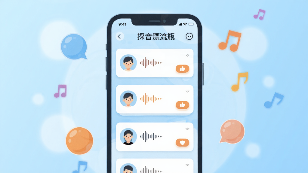 画面中央是一部手机,屏幕上显示“探音漂流瓶”的动态广场界面,界面中有多条语音动态卡片,卡片上有头像、声波图标和点赞按钮。手机周围漂浮着彩色的气泡和音符,背景是浅蓝色的渐变,带有柔和的圆形光斑。整体风格清新明快,扁平化插画风格,色彩以浅蓝、白色和暖橙为主,细节清晰,画质干净,无多余元素。