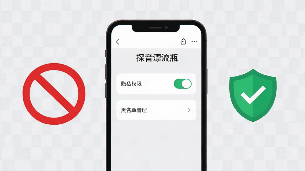 画面中央是一部手机,屏幕上显示“探音漂流瓶”的设置界面,界面中有隐私权限开关和黑名单管理选项。手机旁边有一个红色的禁止符号和一个绿色的盾牌图标,分别代表禁止和允许的操作。背景是浅灰色的简洁风格,带有细微的网格纹理。整体风格清晰、实用,扁平化设计,色彩以白色、浅灰、红色和绿色为主,细节明确,画质干净,无多余元素。