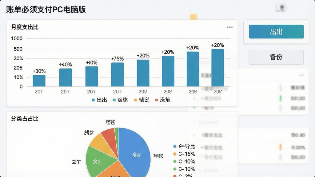 一张数据统计界面图,画面展示“账单必须支付PC电脑版”的统计页面,页面上方是月度支出柱状图,下方是分类占比饼图,右侧有导出按钮和备份按钮,布局为上下结构,风格为数据可视化风格,细节包含坐标轴、图例、百分比数字,画质干净,无多余元素