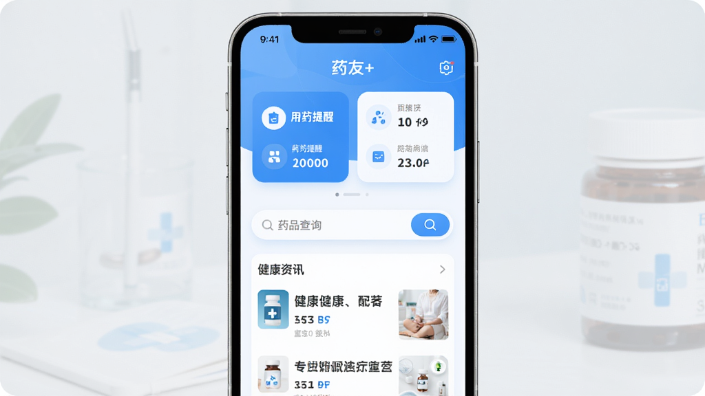 药友+手机应用主界面展示,主体为一部竖屏智能手机,布局居中,屏幕内显示药友+应用首页,包含用药提醒卡片、药品查询搜索框、健康资讯列表,排版整齐清晰,风格为清新医疗蓝白配色,细节包括圆角图标、渐变按钮、状态栏时间显示,画质高清,干净,无多余元素