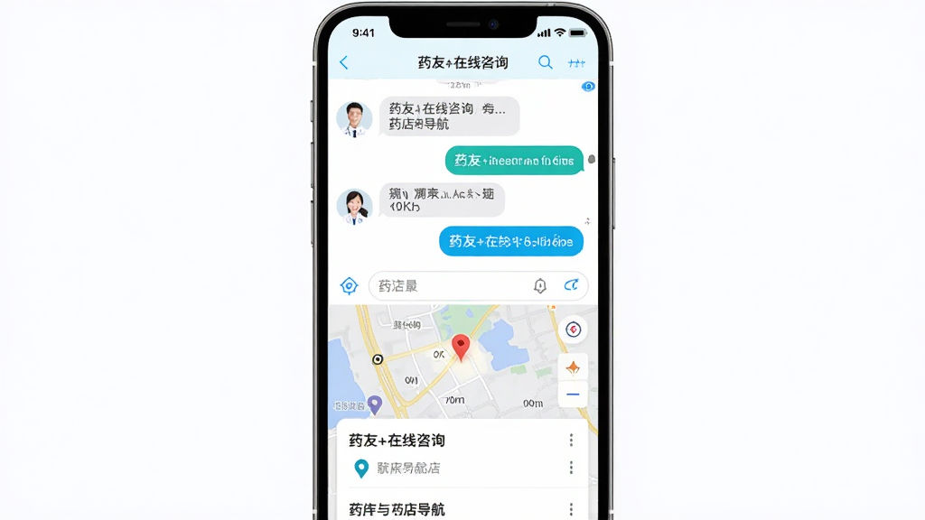 药友+在线咨询与药店导航界面,主体为手机屏幕,布局分为上下两部分,上方为聊天对话框,下方为地图定位与药店列表,排版清晰,风格为现代医疗应用设计,细节包括药师头像、消息气泡、地图标记图标,画质高清,干净,无多余元素