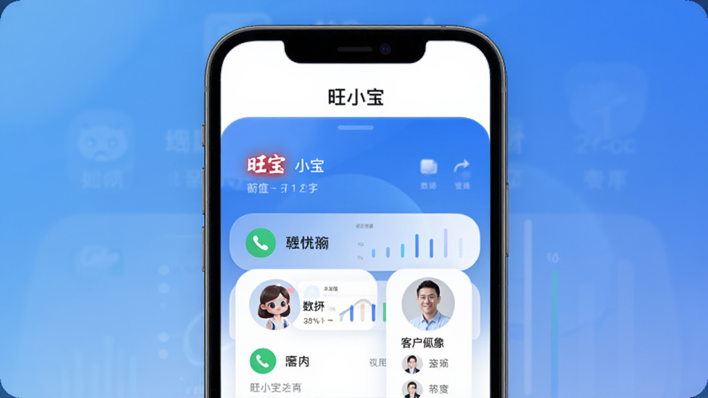 旺小宝 智慧案场 手机应用界面 主体为一部智能手机屏幕展示旺小宝App主界面 屏幕内显示来电记录列表与客户画像卡片 布局采用居中排列 上方留白放置软件名称 排版简洁清晰 风格为现代商务科技感 细节包括蓝色渐变背景 圆角图标 数据图表元素点缀 画质高清 干净 无多余元素