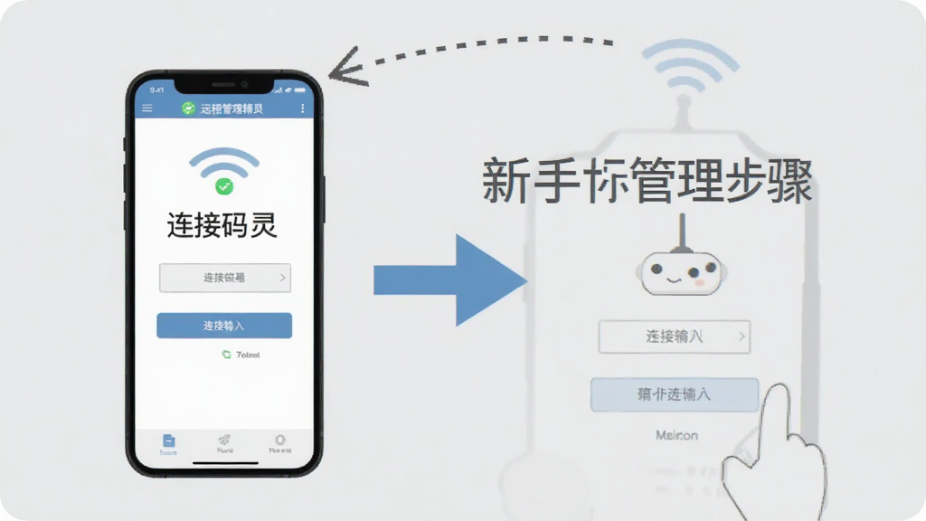 远程管理精灵新手操作步骤示意图,画面中一部手机屏幕显示远程管理精灵的连接码输入界面,旁边有箭头指示操作步骤,背景为浅灰色,风格为扁平化教程插画,画质清晰干净,无多余元素