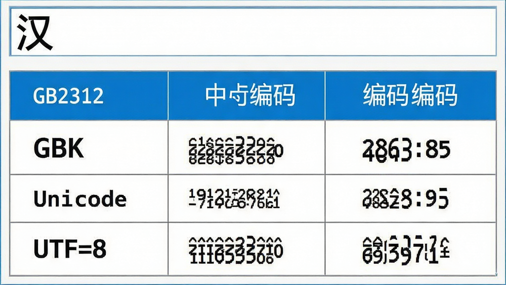 一张展示汉字内码查询软件多编码格式对比功能的图片,主体是软件界面,界面上方输入了一个汉字如“汉”,下方以表格形式列出GB2312、GBK、Unicode、UTF-8等编码的十六进制和十进制数值,布局为纵向列表,排版清晰,风格为清爽商务风,细节包括蓝色表头、白色背景、等宽字体显示数值,画质高清,干净,无多余元素