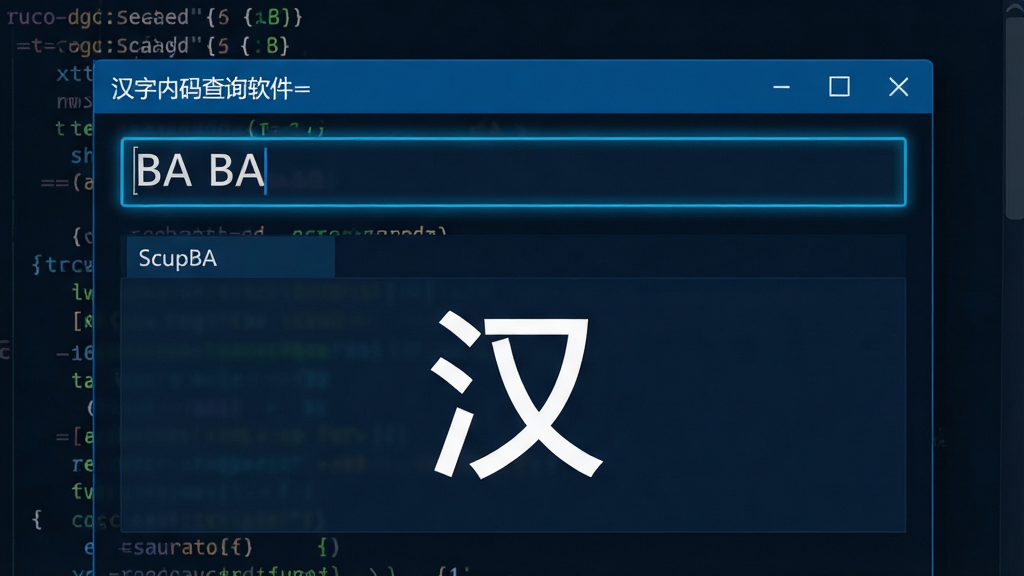 一张展示汉字内码查询软件反向查询功能的图片,主体是软件界面,界面上方输入了十六进制内码如“BA BA”,下方显示对应的汉字“汉”,布局为上下结构,排版简洁,风格为科技蓝调,细节包括输入框高亮、结果区域大字体显示、背景为深色代码风格,画质高清,干净,无多余元素