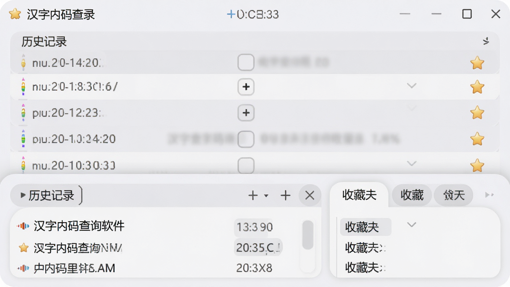一张展示汉字内码查询软件历史记录与收藏功能的图片,主体是软件界面,界面底部是历史记录列表和收藏夹标签,布局为底部面板,排版紧凑,风格为柔和圆角风,细节包括时间戳、星标图标、浅灰色背景,画质高清,干净,无多余元素