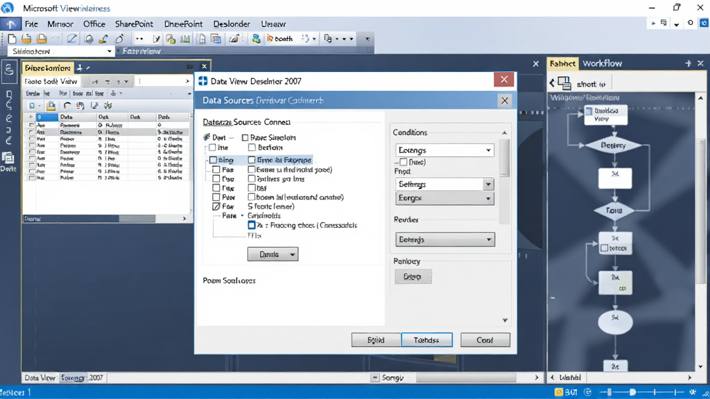 软件功能展示图,主体为 Microsoft Office SharePoint Designer 2007 的数据视图配置界面,中央显示数据源连接向导,右侧为工作流设计面板,布局为对话框式,风格为技术软件截图,细节包括数据表预览、条件设置和流程节点,画质清晰,干净,无多余元素