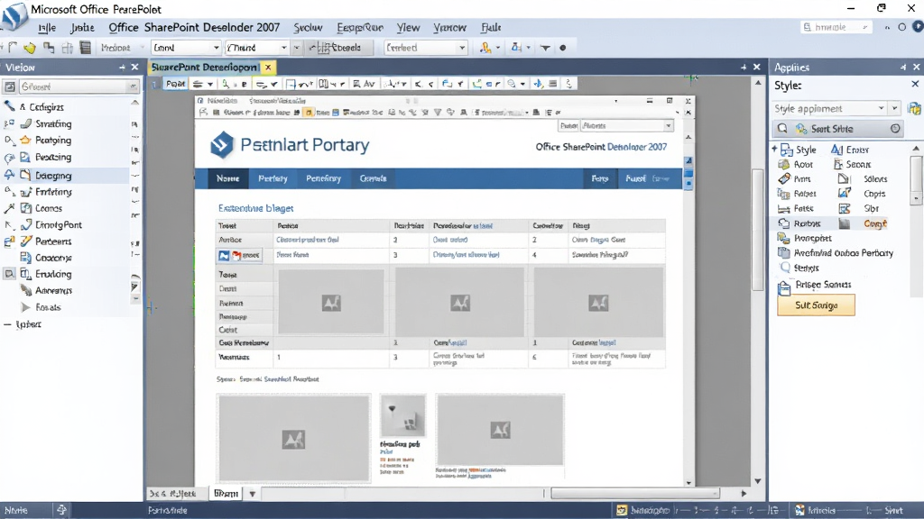 软件功能展示图,主体为 Microsoft Office SharePoint Designer 2007 的设计视图界面,中央显示一个正在编辑的企业门户网页,左侧为工具箱面板,右侧为样式应用面板,布局为三栏式,风格为专业软件截图,细节包括网页中的表格、图片占位符和导航栏,画质清晰,干净,无多余元素