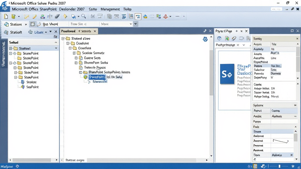 软件功能展示图,主体为 Microsoft Office SharePoint Designer 2007 的站点管理界面,中央显示 SharePoint 站点结构树,右侧为母版页编辑区域,布局为左右分栏,风格为商务办公软件截图,细节包括站点列表、文件目录和属性面板,画质清晰,干净,无多余元素