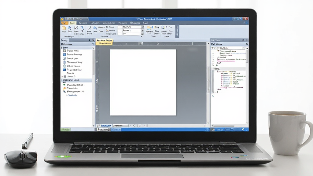 软件全貌展示图,主体为一台打开的笔记本电脑,屏幕上显示 Microsoft Office SharePoint Designer 2007 的软件界面,界面包含左侧任务窗格、中央设计视图和右侧代码片段面板,布局简洁清晰,整体风格为现代办公场景,细节包括桌面上的鼠标、笔记本和一杯咖啡,画质清晰,干净,无多余元素