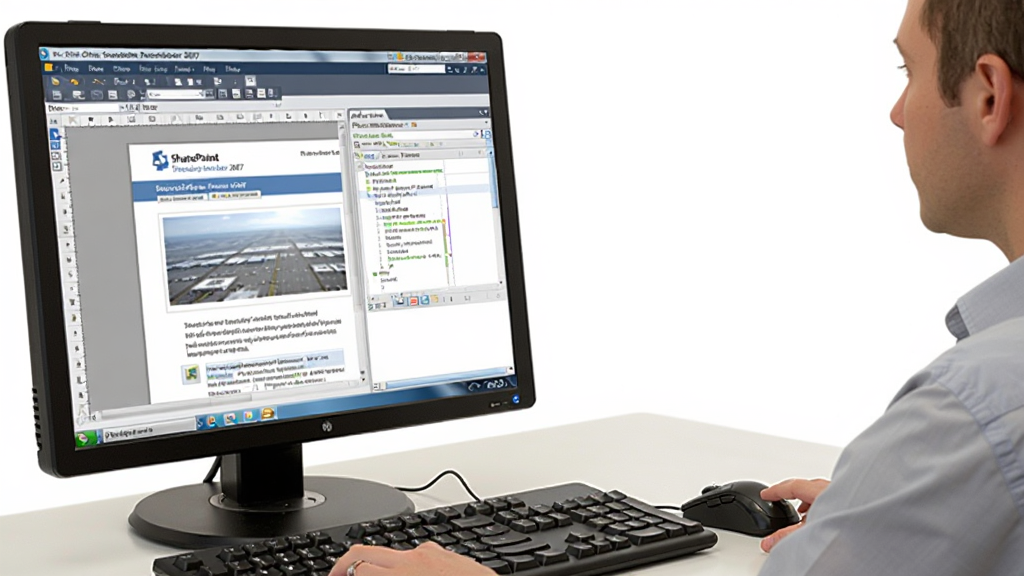 软件操作场景图,主体为一位用户在电脑前使用 Microsoft Office SharePoint Designer 2007 编辑网页,屏幕上显示设计视图和代码视图分栏,布局为侧面视角,风格为写实办公场景,细节包括键盘、鼠标和显示器,画质清晰,干净,无多余元素