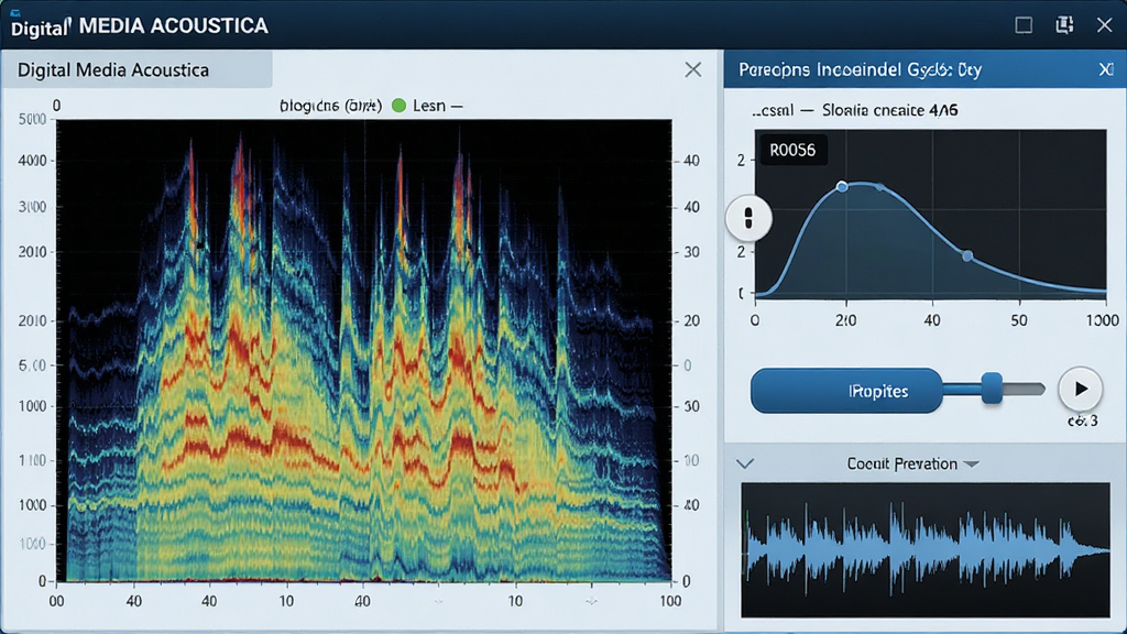 一幅展示 Digital Media Acoustica 降噪修复功能的生图,主体为软件界面中的频谱图与降噪参数面板,布局为左右分栏,排版突出噪声采样区域与降噪滑块,风格为科技蓝调专业音频软件视觉,细节包括频谱热力图、降噪曲线、修复按钮与预览波形,画质高清,干净,无多余元素。