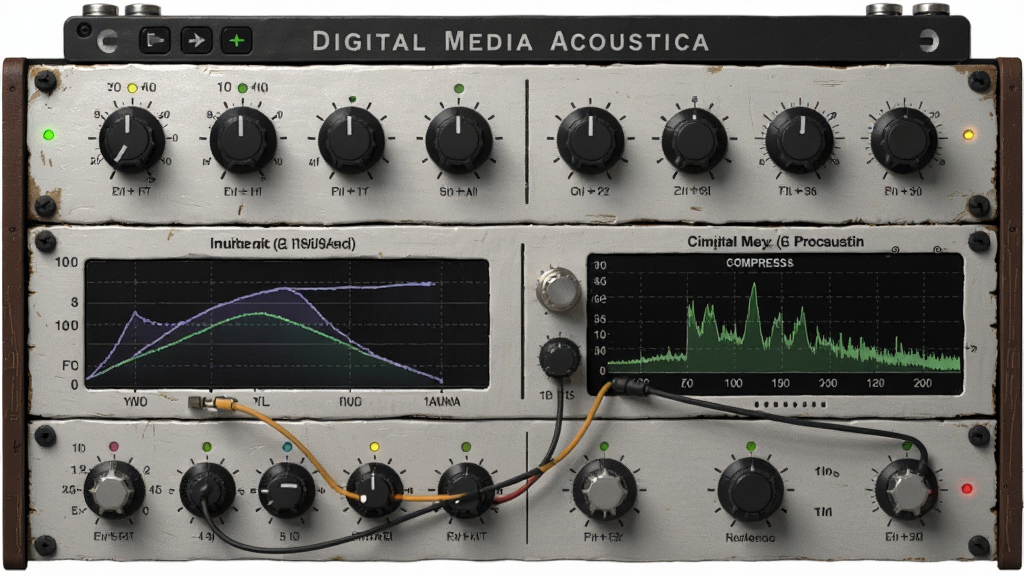 一幅展示 Digital Media Acoustica 效果器与母带处理功能的生图,主体为软件界面中悬浮的效果器机架与参数旋钮,布局为网格状排列,排版展示均衡器曲线与压缩表头,风格为复古硬件与现代数字结合,细节包括旋钮刻度、LED指示灯、效果链连线与频谱显示,画质高清,干净,无多余元素。