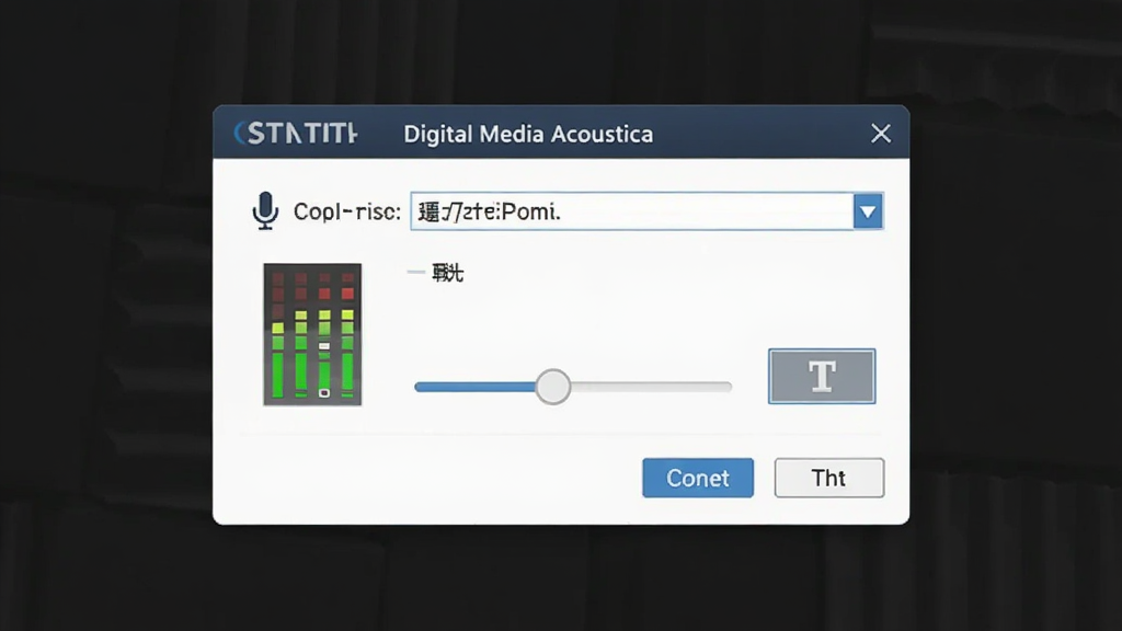 一幅展示 Digital Media Acoustica 安装与设置界面的生图,主体为软件启动后的音频设备配置窗口,布局为居中对话框,排版包含设备下拉菜单、缓冲区滑块与测试按钮,风格为简洁实用工具视觉,细节包括麦克风图标、电平表、确定取消按钮,画质高清,干净,无多余元素。