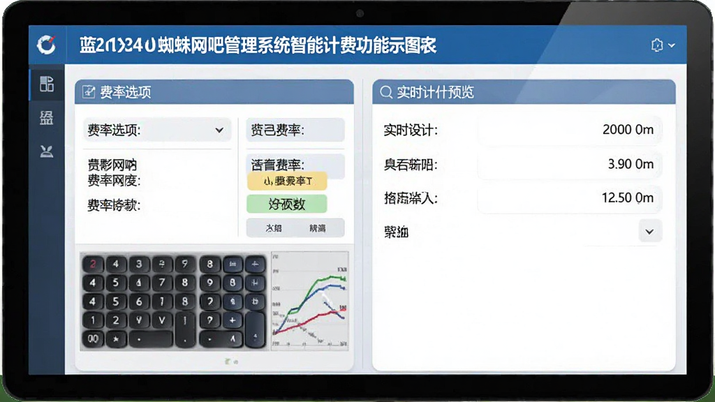 一张关于蓝蜘蛛网吧管理系统智能计费功能的示意图,主体是电脑屏幕上的计费设置面板,布局采用左右分栏,左侧为费率选项,右侧为实时计费预览,排版清晰,风格为简洁商务风,细节包括数字键盘和费率标签,画质干净,无多余元素