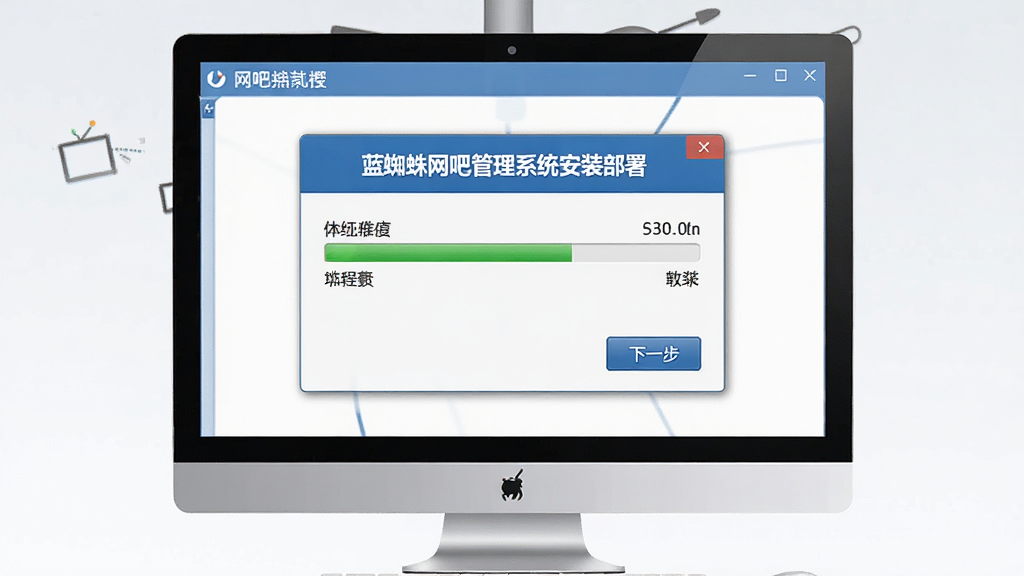 一张关于蓝蜘蛛网吧管理系统安装部署的示意图,主体是电脑屏幕上的安装向导界面,布局采用居中对话框,风格为简洁教程风,细节包括进度条和下一步按钮,画质清晰,画面干净,无多余元素