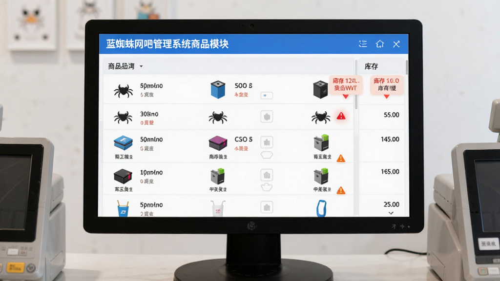 一张关于蓝蜘蛛网吧管理系统商品销售模块的图片,主体是收银台电脑屏幕上的商品列表和库存数量,布局采用列表加缩略图的形式,风格为清新简约风,细节包括商品图标和库存预警提示,画质干净,无多余元素