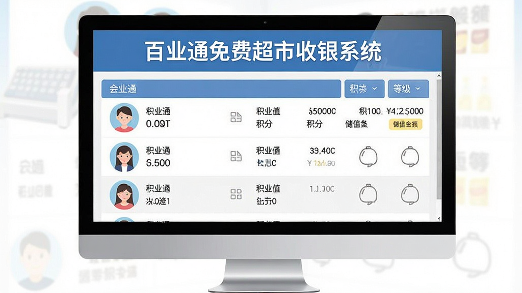 百业通免费超市收银系统会员管理功能界面展示,画面中央是电脑屏幕显示会员列表与积分储值信息,屏幕上方有