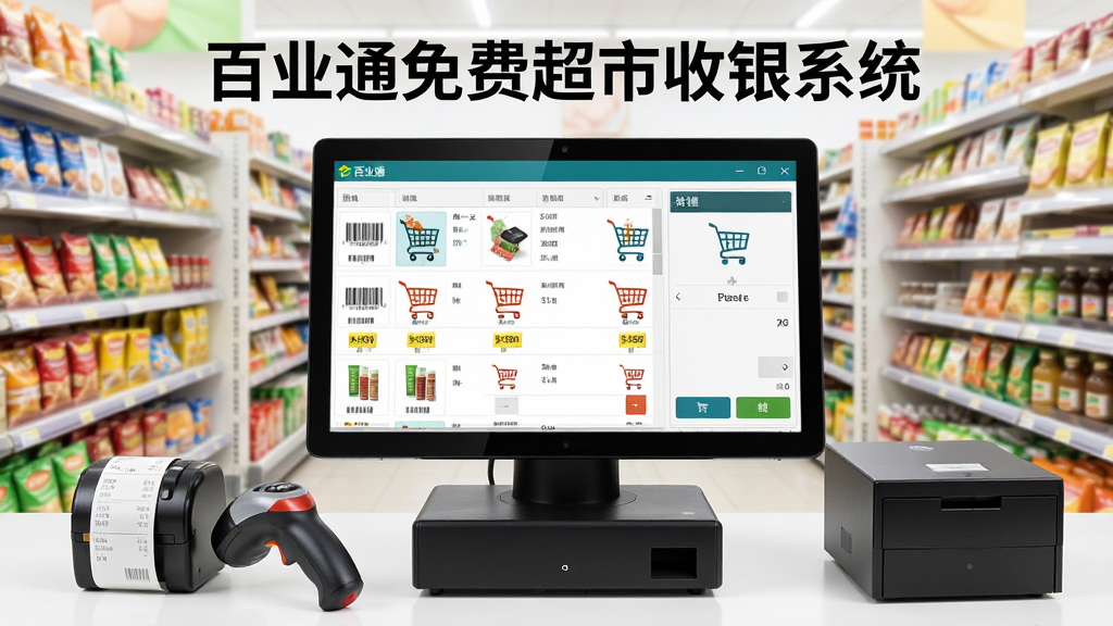 百业通免费超市收银系统软件主界面全貌展示,画面中央是一台收银电脑屏幕,屏幕内显示商品列表与收银结算界面,屏幕上方有